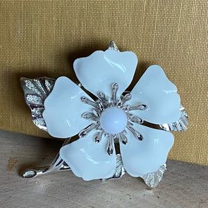 White and Silver Enamel Flower Brooch